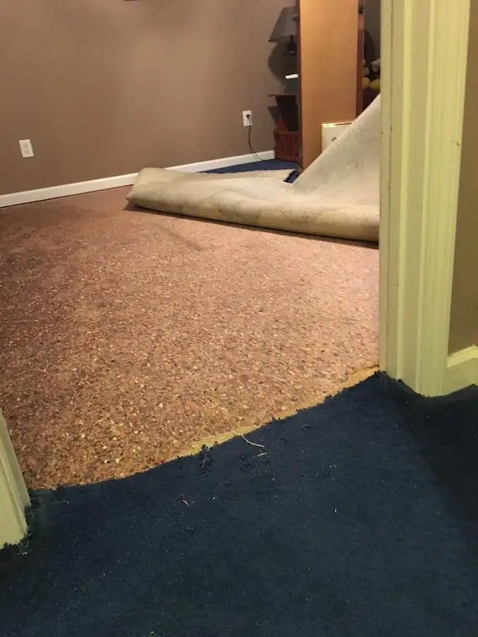 Carpet pad removal revealing water damage during Water Mitigation Services in Rockwall